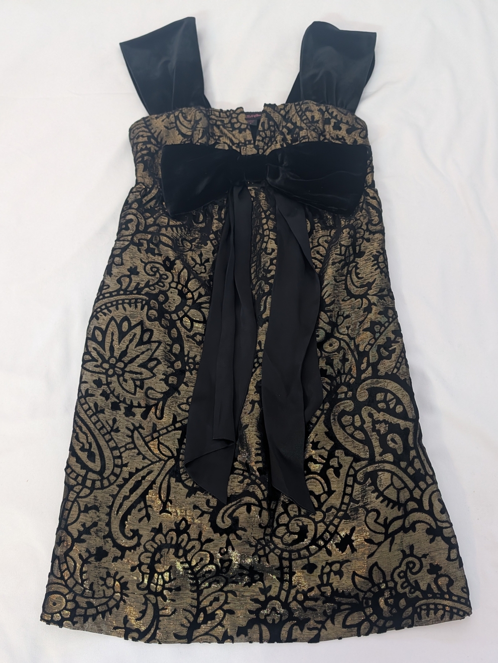 Vintage Betsey Johnson Y2K Gold Brocade Velvet Bow Strapless Party Dress - Size